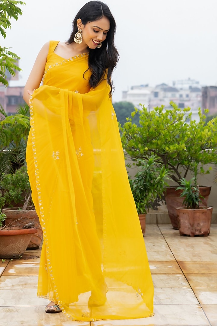 Yellow Georgette Embroidered Festive Saree by House Of Jamoti at Pernia's Pop Up Shop