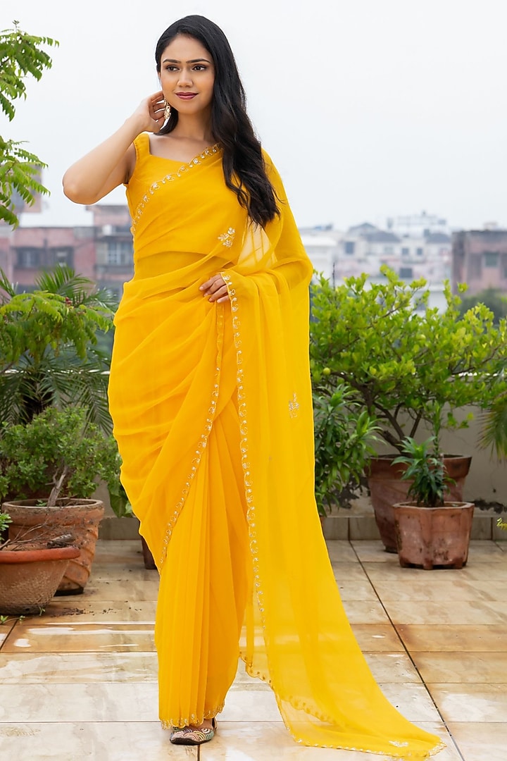 Yellow Georgette Embroidered Festive Saree by House Of Jamoti at Pernia's Pop Up Shop