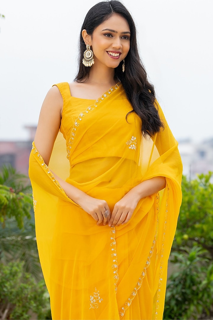 Yellow Georgette Embroidered Festive Saree by House Of Jamoti at Pernia's Pop Up Shop
