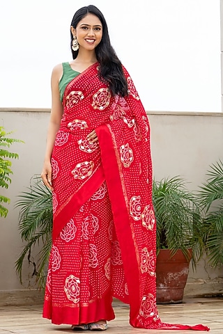 Red Georgette Bandhani Printed Saree Set by House Of Jamoti