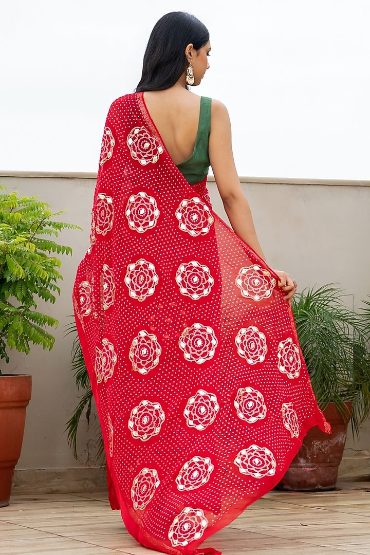 Red Georgette Bandhani Printed Festive Saree Set by House Of Jamoti at Pernia's Pop Up Shop