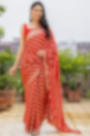 Red Georgette Zari Striped Festive Saree Set by House Of Jamoti at Pernia's Pop Up Shop