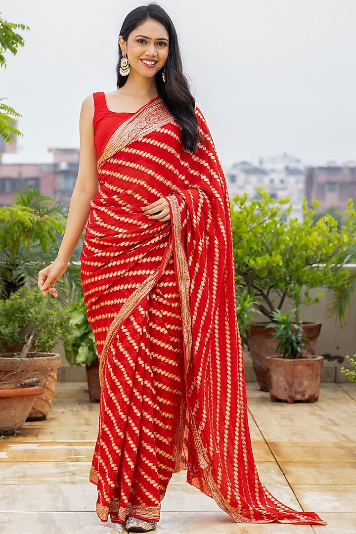 Red Georgette Zari Striped Festive Saree Set by House Of Jamoti at Pernia's Pop Up Shop