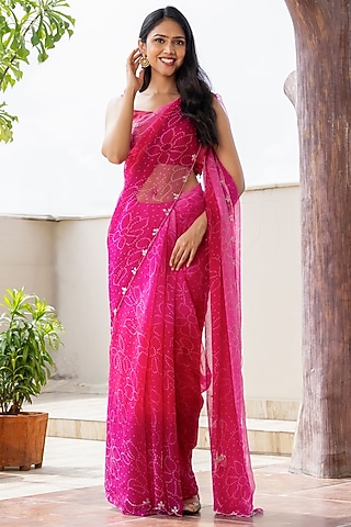 Rani Pink Georgette Bead Work Bandhani Saree Set by House Of Jamoti