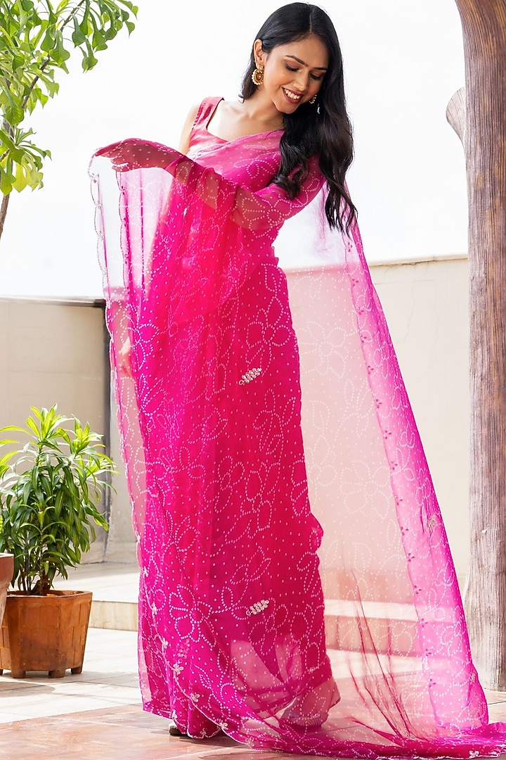 Rani Pink Georgette Bead Work Bandhani Festive Saree Set by House Of Jamoti at Pernia's Pop Up Shop