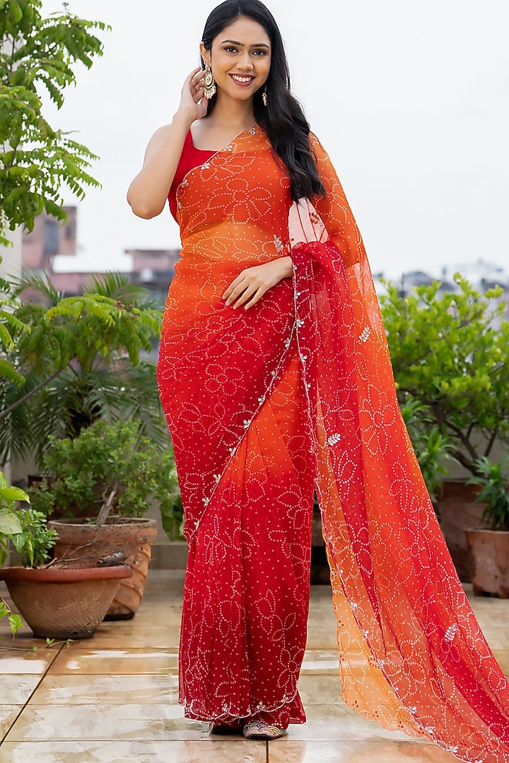 Red & Orange Georgette Bandhani Festive Saree Set by House Of Jamoti at Pernia's Pop Up Shop