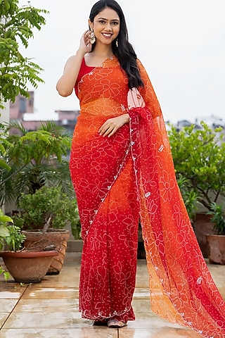 Red & Orange Georgette Bandhani Saree Set by House Of Jamoti
