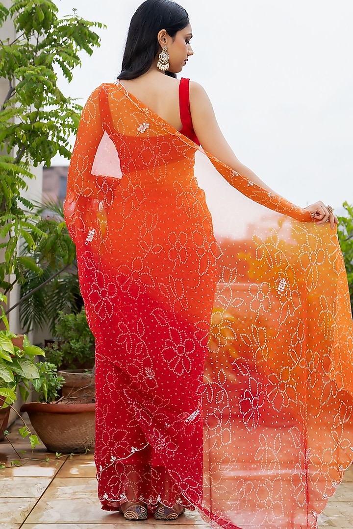 Red & Orange Georgette Bandhani Festive Saree Set by House Of Jamoti at Pernia's Pop Up Shop