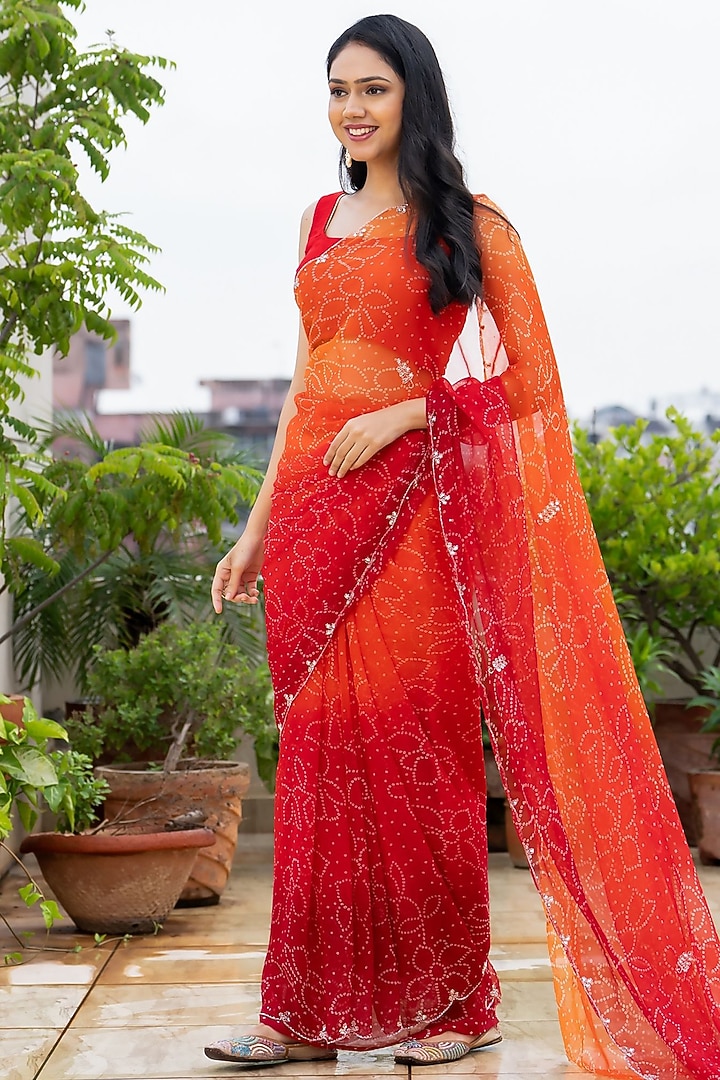 Red & Orange Georgette Bandhani Festive Saree Set by House Of Jamoti at Pernia's Pop Up Shop