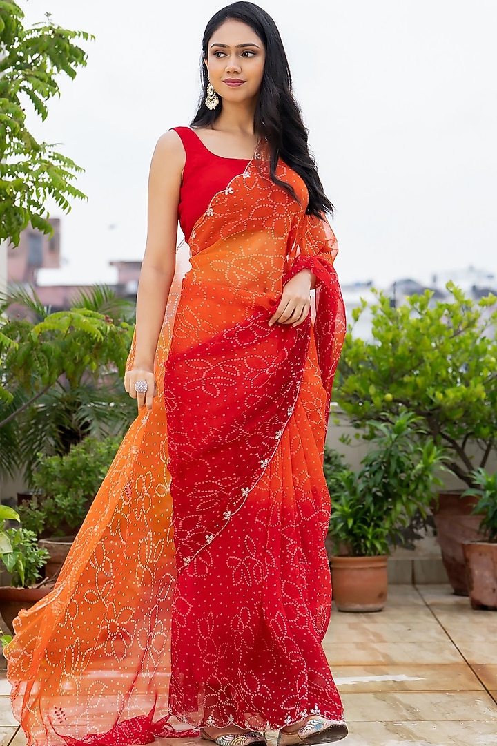 Red & Orange Georgette Bandhani Festive Saree Set by House Of Jamoti at Pernia's Pop Up Shop