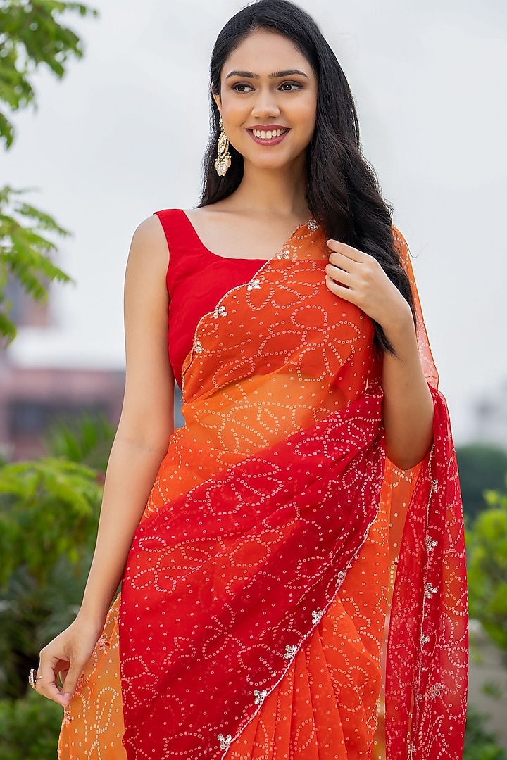 Red & Orange Georgette Bandhani Festive Saree Set by House Of Jamoti at Pernia's Pop Up Shop