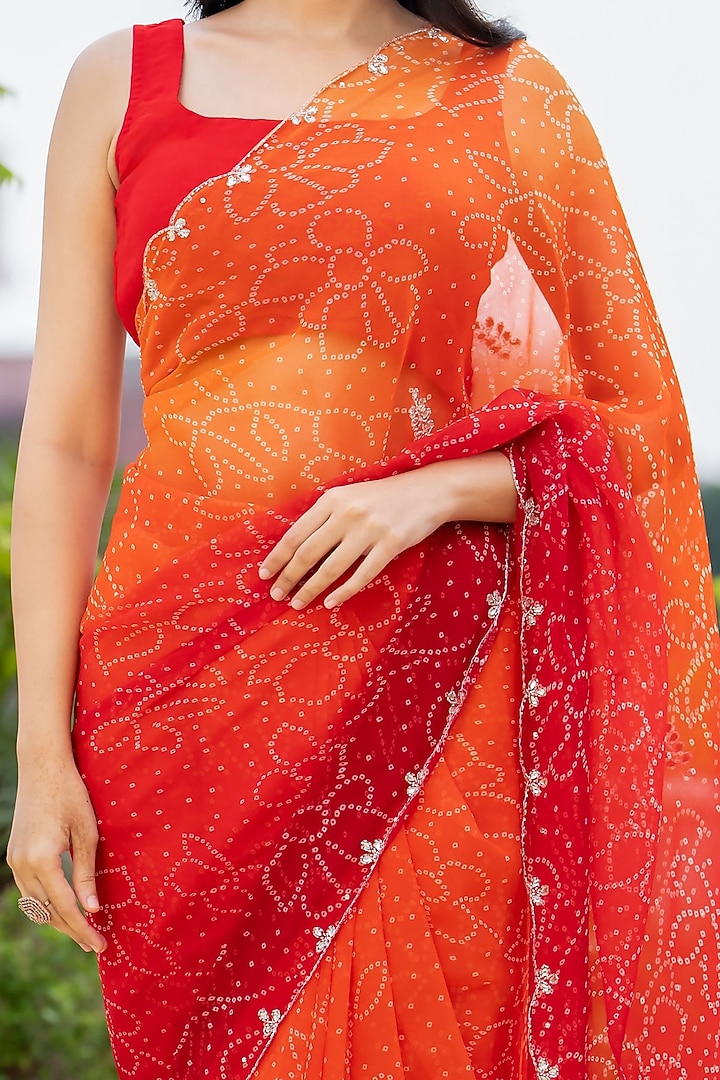 Red & Orange Georgette Bandhani Festive Saree Set by House Of Jamoti at Pernia's Pop Up Shop