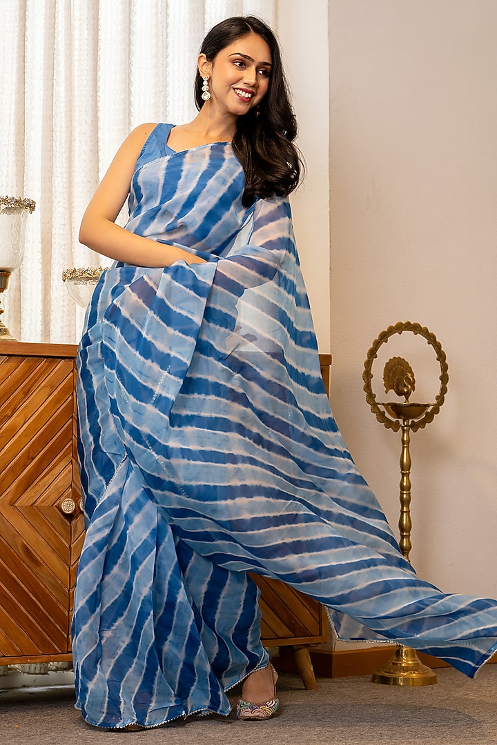 Blue Organza Leheriya Festive Saree Set by House Of Jamoti at Pernia's Pop Up Shop