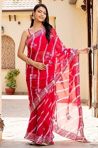 Pink Silk Blend Mirror Work Saree Set by House Of Jamoti