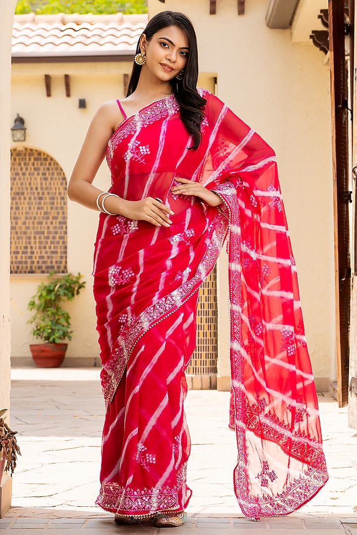 Pink Silk Blend Mirror Work Festive Saree Set by House Of Jamoti at Pernia's Pop Up Shop
