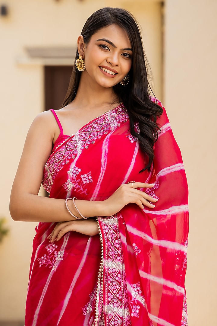 Pink Silk Blend Mirror Work Festive Saree Set by House Of Jamoti at Pernia's Pop Up Shop
