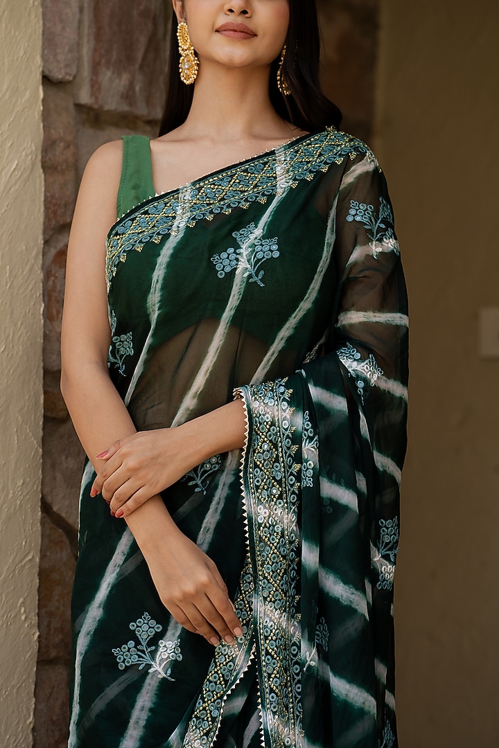 Green Silk Blend Mirror Work Festive Saree Set by House Of Jamoti at Pernia's Pop Up Shop