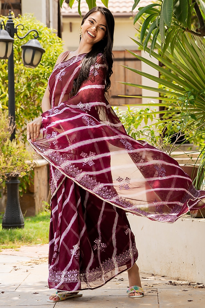 Wine Silk Blend Mirror Work Festive Saree Set by House Of Jamoti at Pernia's Pop Up Shop