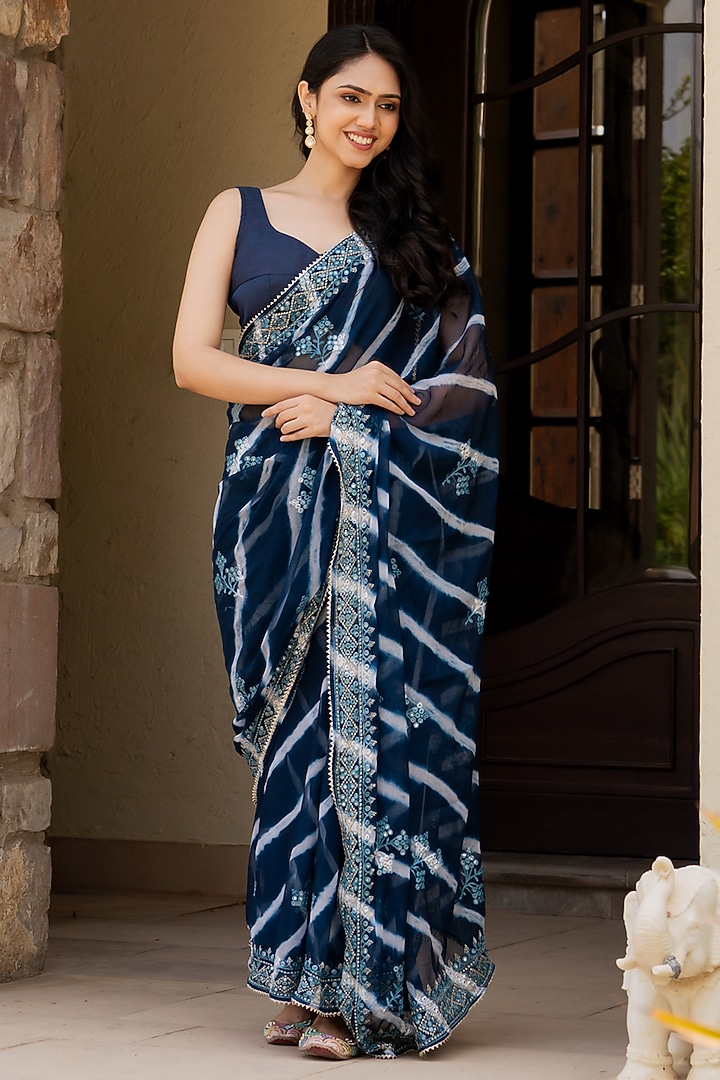 Blue Silk Blend Mirror Work Festive Saree Set by House Of Jamoti at Pernia's Pop Up Shop