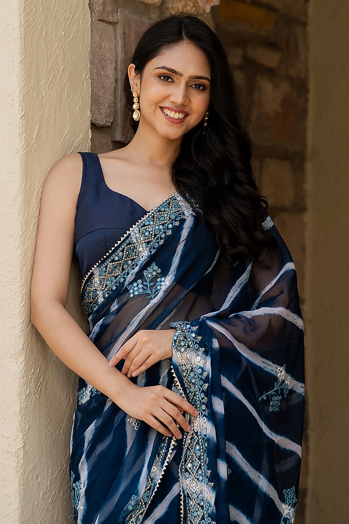 Blue Silk Blend Mirror Work Festive Saree Set by House Of Jamoti at Pernia's Pop Up Shop