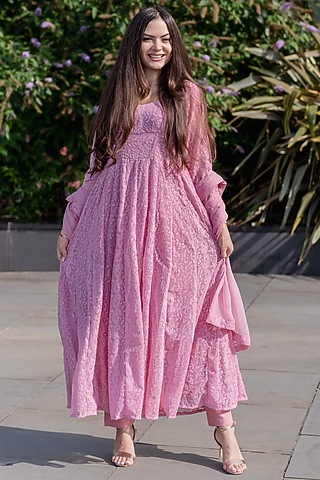 Pearl Pink Embroidered Anarkali Set by House Of Jamoti