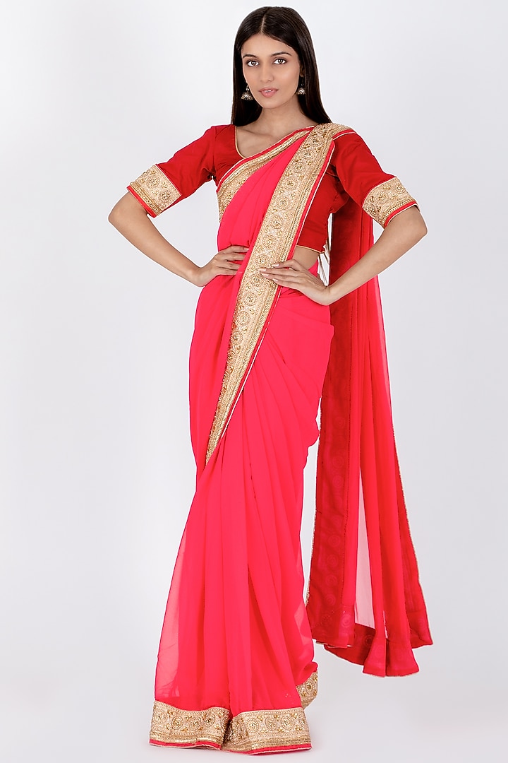Neon Pink Georgette Saree Set by House Of Jamoti at Pernia's Pop Up Shop