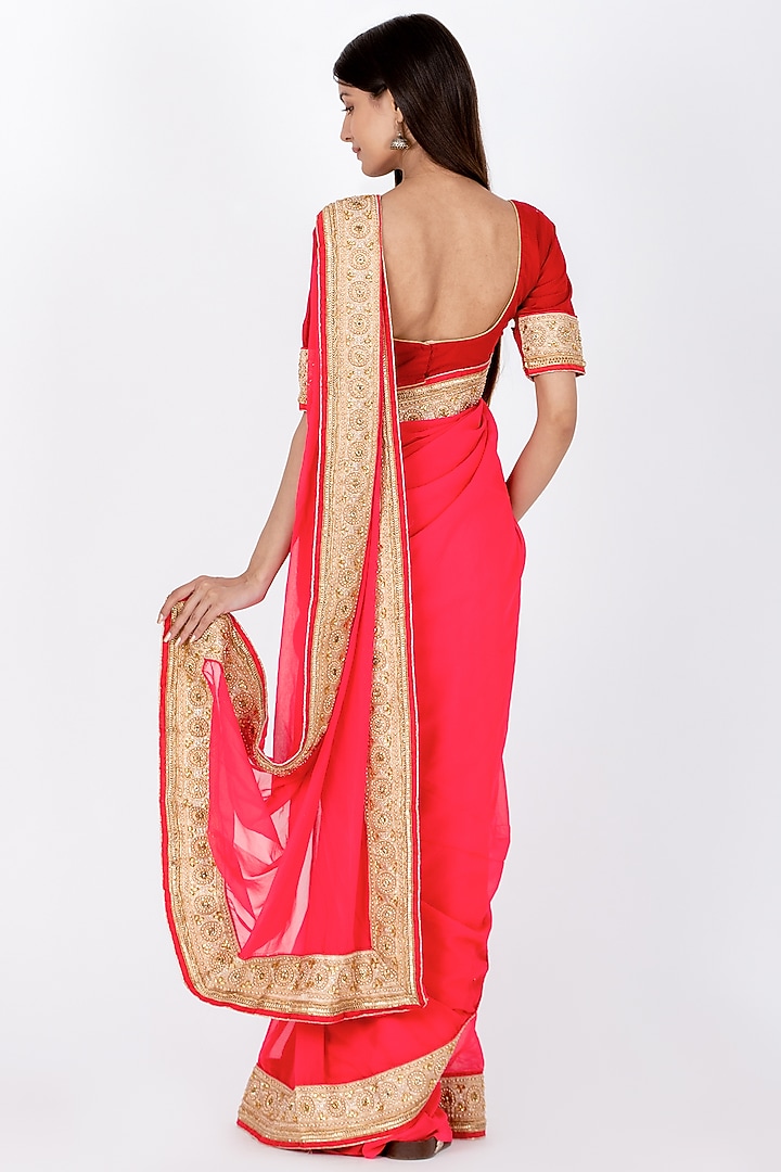 Neon Pink Georgette Saree Set by House Of Jamoti at Pernia's Pop Up Shop