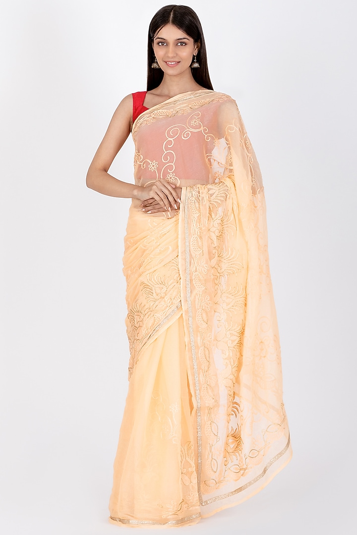 Peach Poly Chiffon Saree Set by House Of Jamoti at Pernia's Pop Up Shop