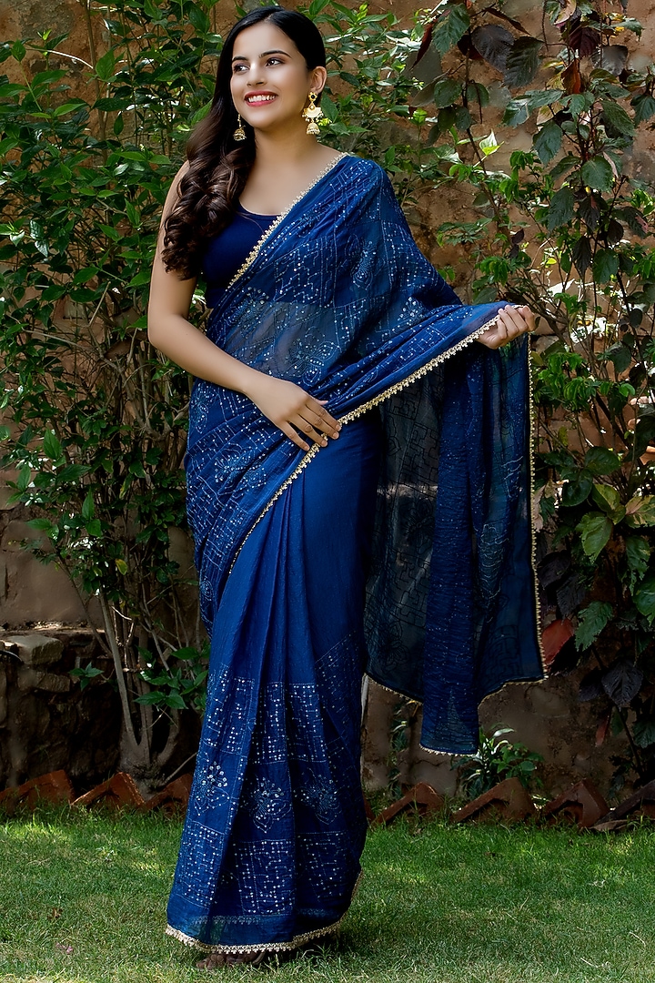Blue Shimmer & Chiffon Saree Set by House Of Jamoti at Pernia's Pop Up Shop