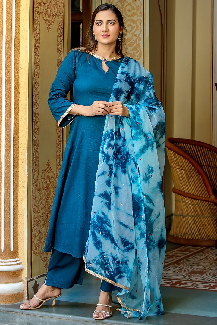Teal Blue Cotton Kurta Set by House Of Jamoti at Pernia's Pop Up Shop