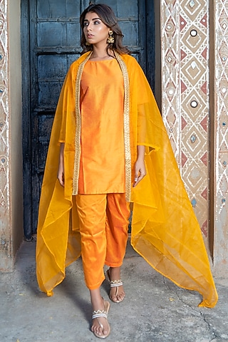 Mustard Embroidered Cape Set by House Of Jamoti