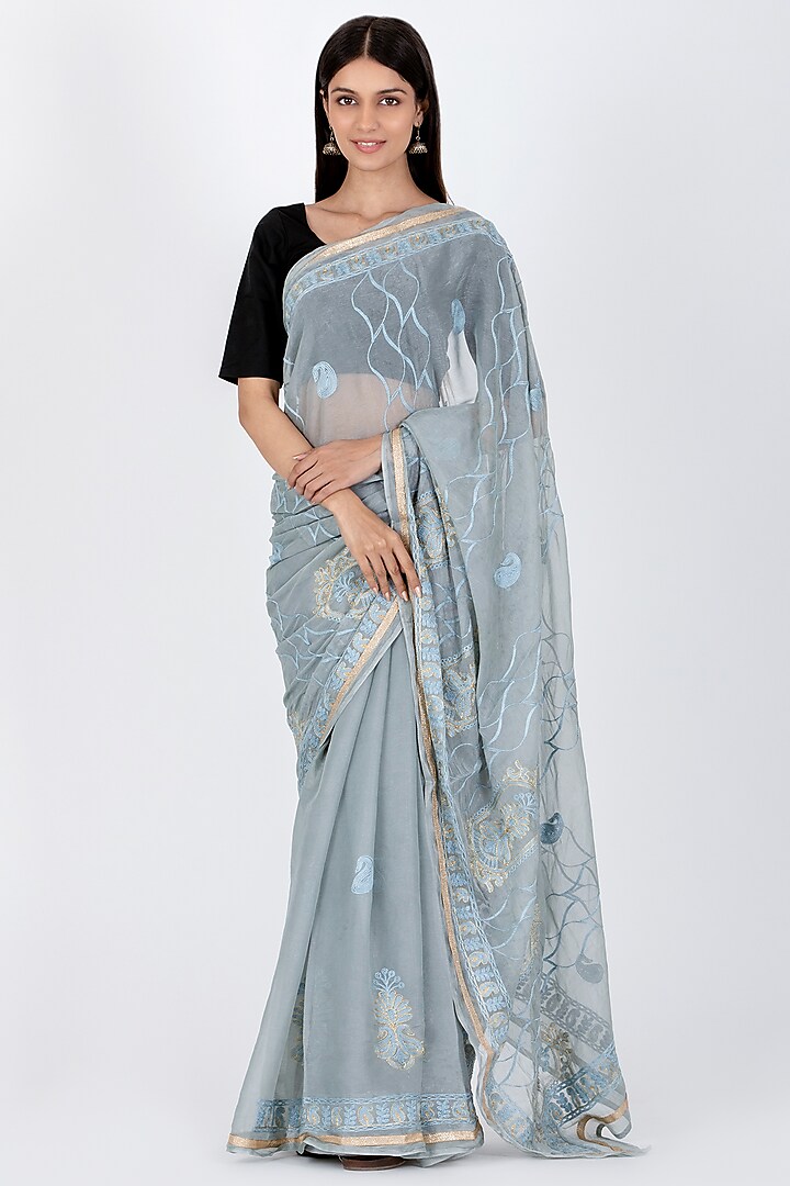 Grey Poly Chiffon Motif Saree  by House Of Jamoti at Pernia's Pop Up Shop