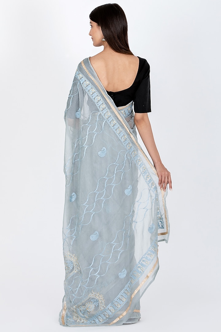 Grey Poly Chiffon Motif Saree  by House Of Jamoti at Pernia's Pop Up Shop