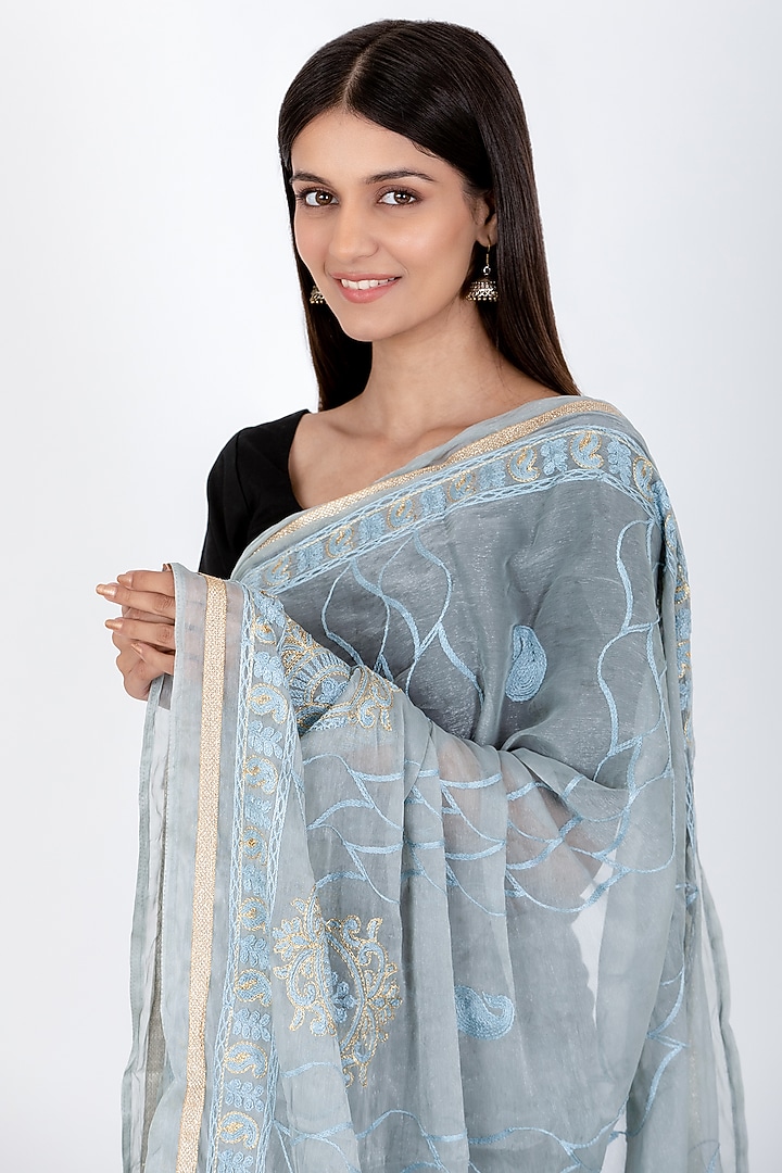Grey Poly Chiffon Motif Saree  by House Of Jamoti at Pernia's Pop Up Shop