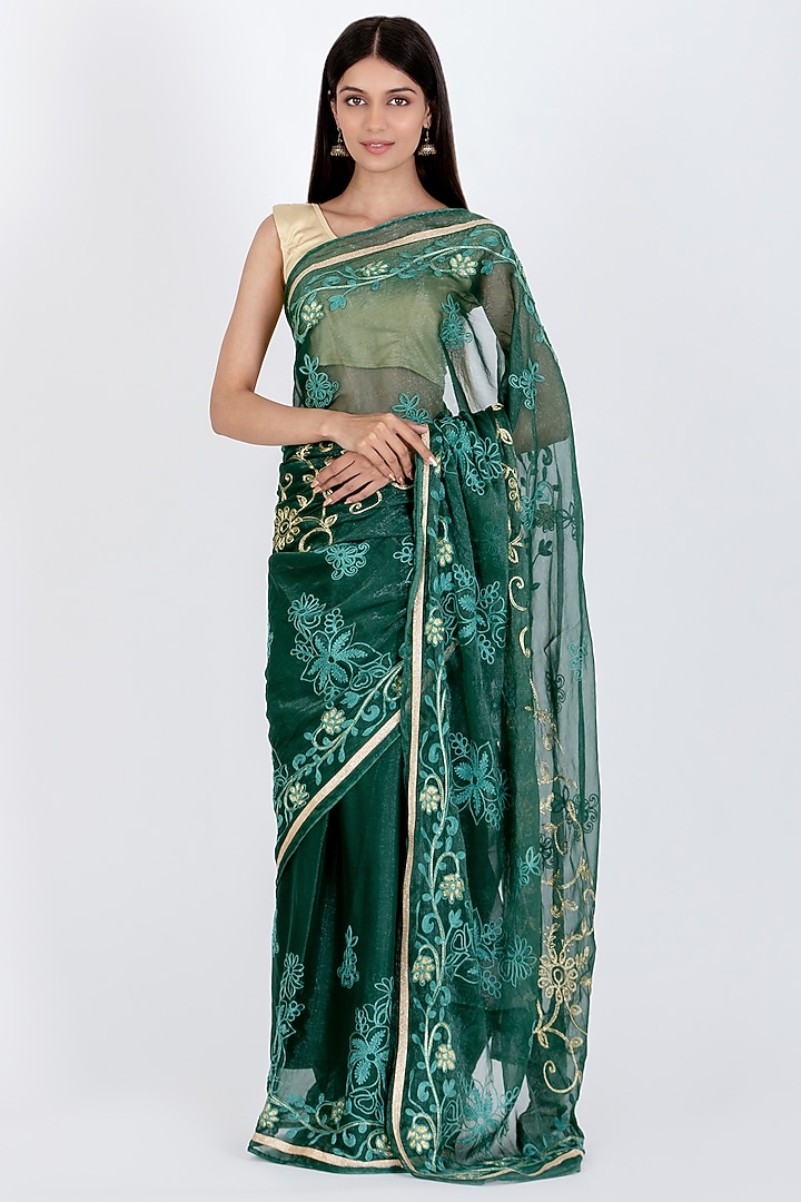 Pine Green Poly Chiffon  Saree by House Of Jamoti at Pernia's Pop Up Shop