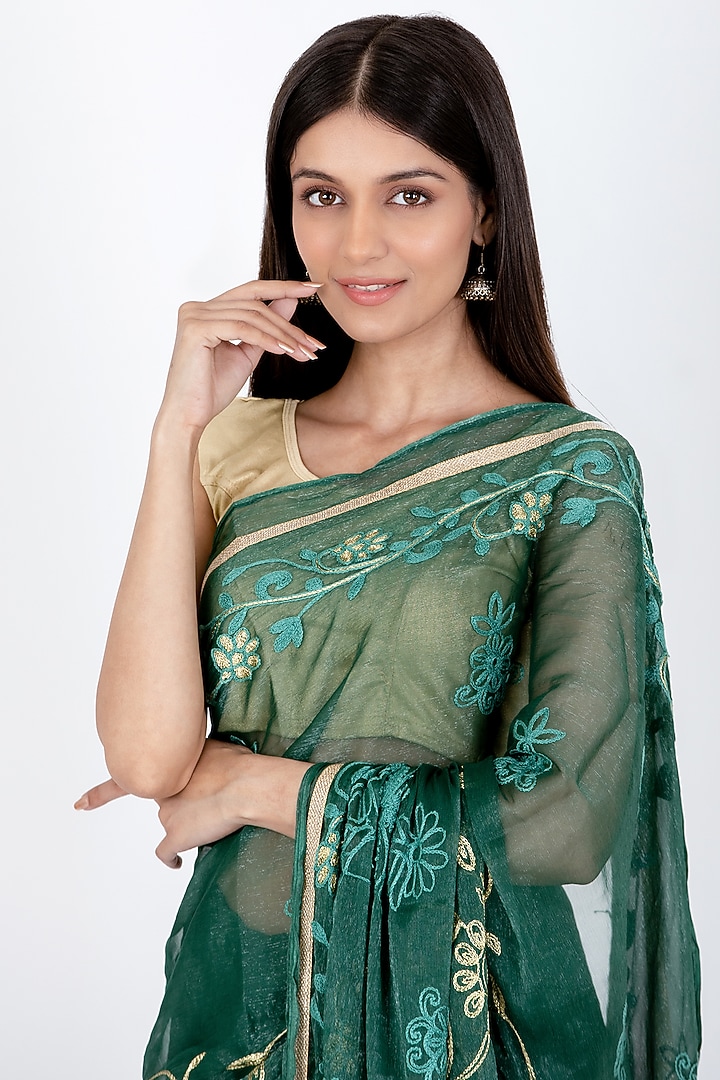Pine Green Poly Chiffon  Saree by House Of Jamoti at Pernia's Pop Up Shop