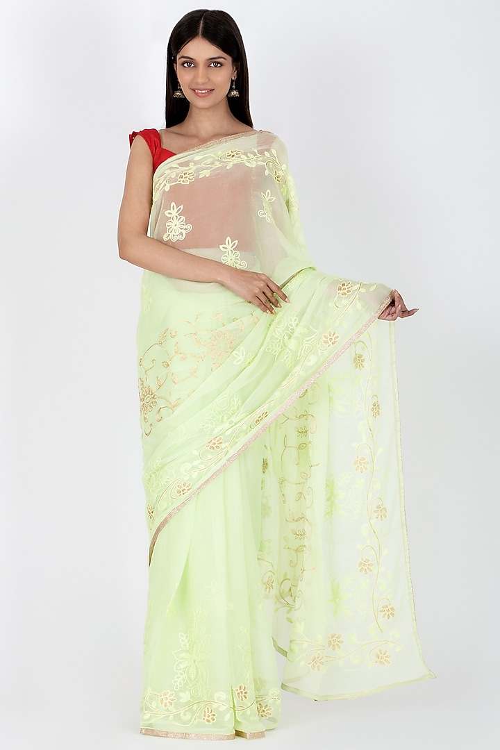 Lime Green Poly Chiffon Saree by House Of Jamoti at Pernia's Pop Up Shop