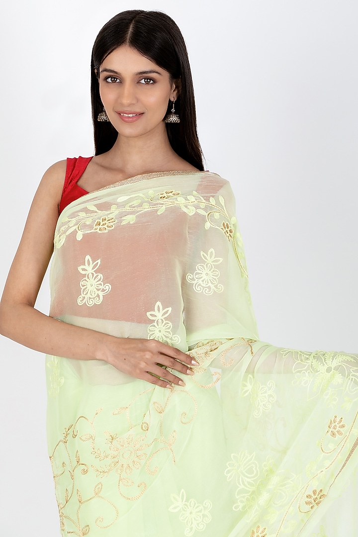 Lime Green Poly Chiffon Saree by House Of Jamoti at Pernia's Pop Up Shop