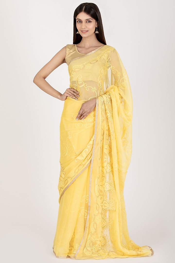 Yellow Poly Chiffon Saree by House Of Jamoti at Pernia's Pop Up Shop