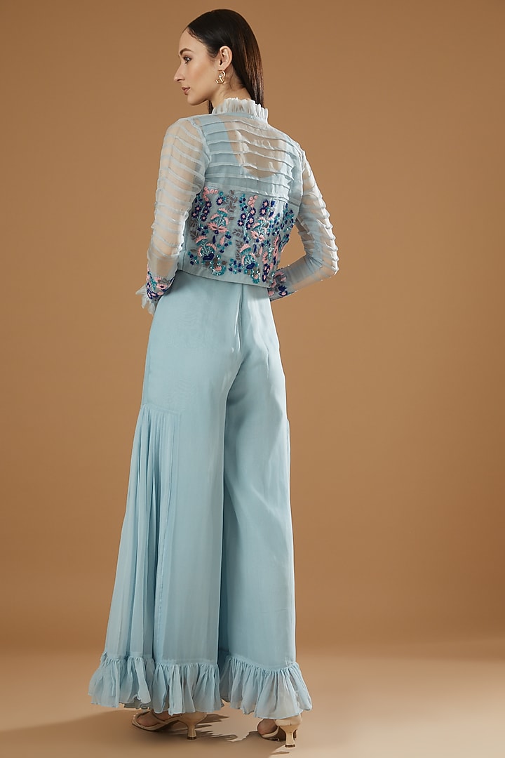 Ice Blue Georgette Jumpsuit With Jacket by House Of Jamoti at Pernia's Pop Up Shop