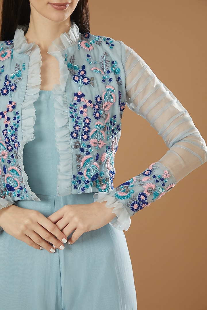 Ice Blue Georgette Jumpsuit With Jacket by House Of Jamoti at Pernia's Pop Up Shop