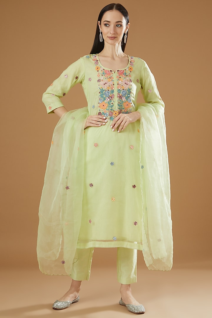 Lime Silk Chanderi Embroidered Kurta Set by House Of Jamoti at Pernia's Pop Up Shop