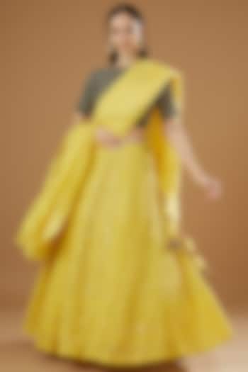 Yellow Pure Georgette Chikankari Embroidered Lehenga Set by House Of Jamoti