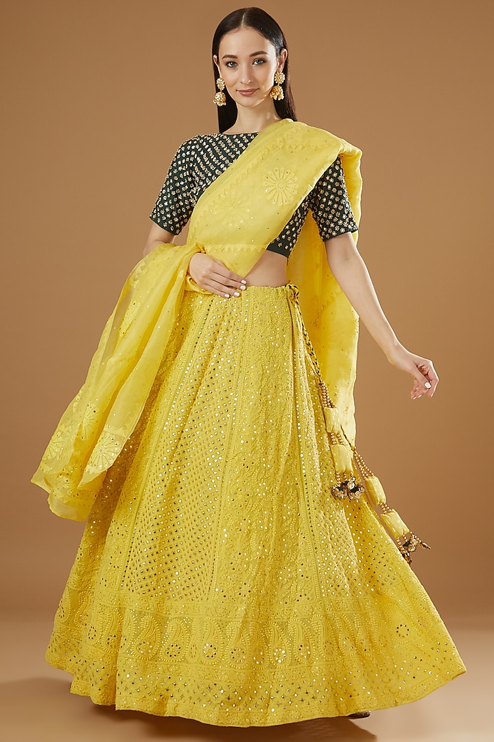 Yellow Pure Georgette Chikankari Embroidered Lehenga Set by House Of Jamoti