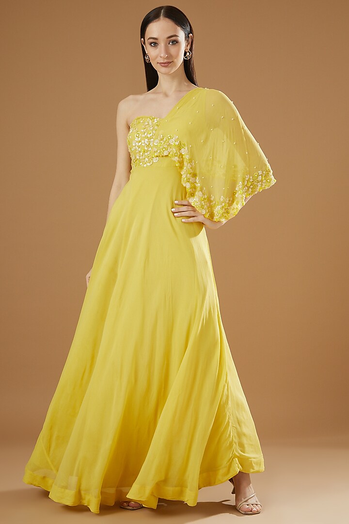 Yellow Pure Georgette Embroidered One Shoulder Dress by House Of Jamoti