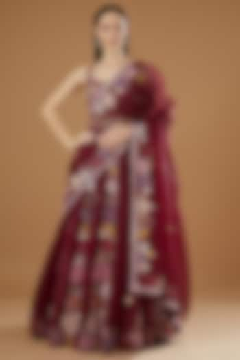 Maroon Pure Silk Embroidered Bridal Lehenga Set by House Of Jamoti at Pernia's Pop Up Shop