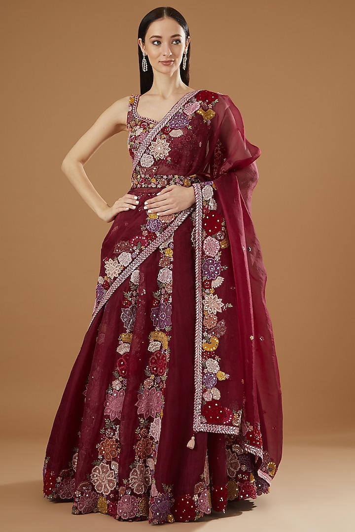 Maroon Pure Silk Embroidered Lehenga Set by House Of Jamoti