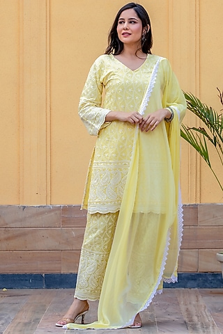 Lemon Yellow Chikankari Kurta Set by House Of Jamoti