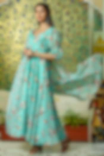 Seafoam Blue Printed Anarkali Set by House Of Jamoti at Pernia's Pop Up Shop