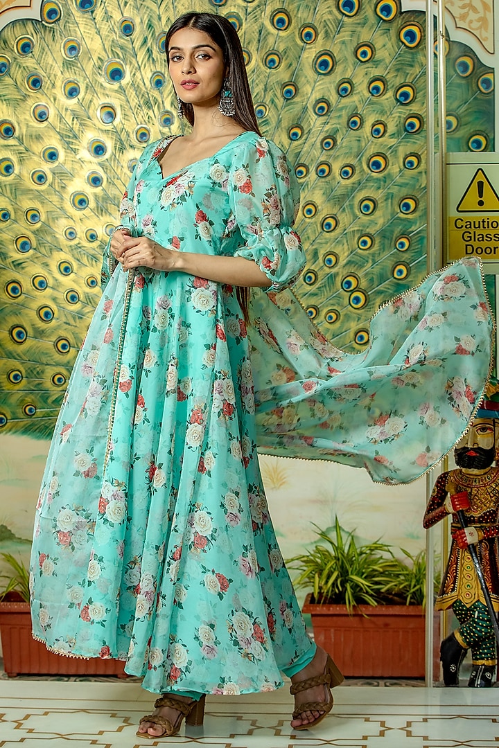 Seafoam Blue Printed Anarkali Set by House Of Jamoti at Pernia's Pop Up Shop